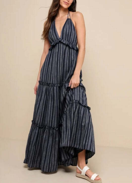 Navy Blue Striped Halter Maxi Dress