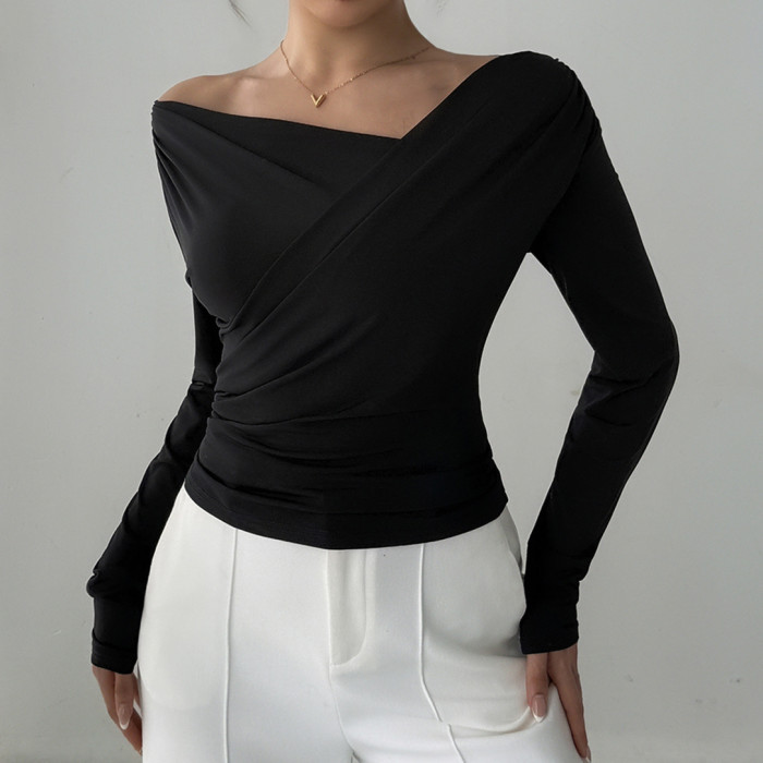 Women's Oblique Collar Cross Front Long Sleeve Wrap Top