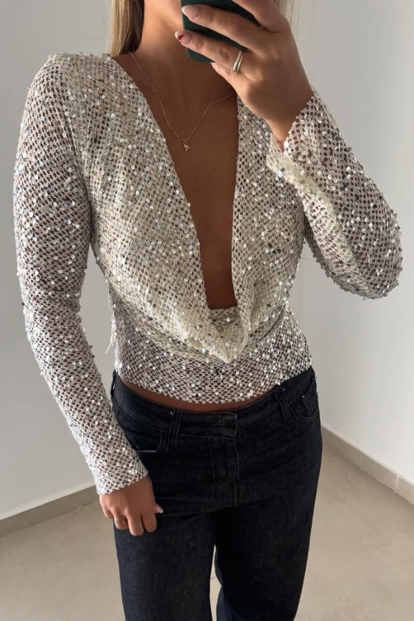 Fashionable Sequined Fishnet Casual Long-sleeved Top
