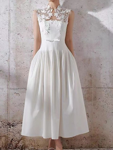 Elegant Lace Patchwork Sleeveless Midi Dress