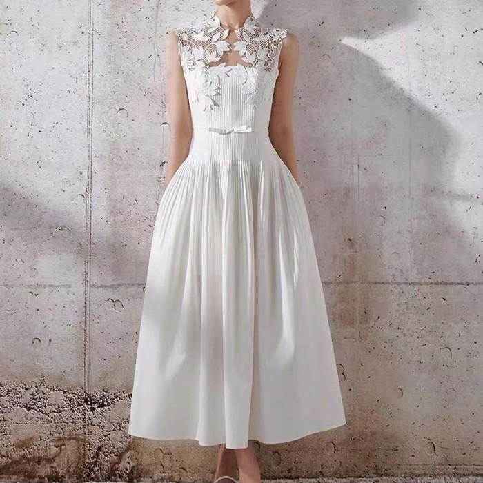 Elegant Lace Patchwork Sleeveless Midi Dress
