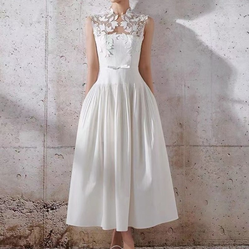 Elegant Lace Patchwork Sleeveless Midi Dress
