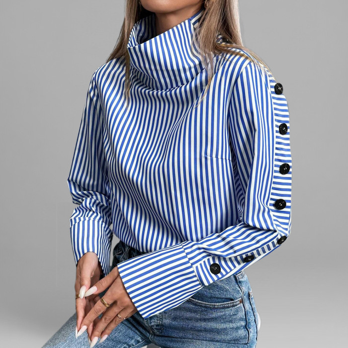 Women's Blue Striped High Neck Side Black Button Long Sleeve Blouse