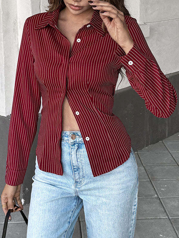 Long Sleeves Skinny Buttoned Contrast Color Striped Lapel Blouses&Shirts Tops