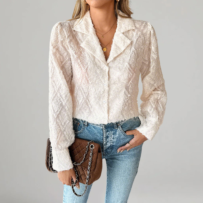 Women's Elegant Fuzzy Diamond Pattern Notched Lapel Long Sleeve Button Blouse