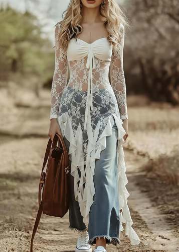 Casual White Asymmetrical Hollow Out Lace Shirt Tops Summer