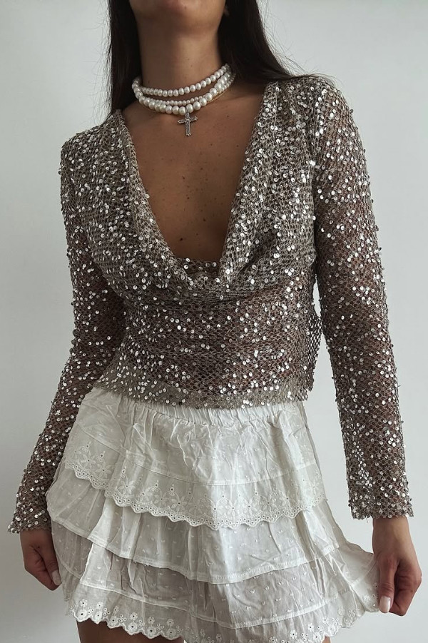 Fashionable Sequined Fishnet Casual Long-sleeved Top