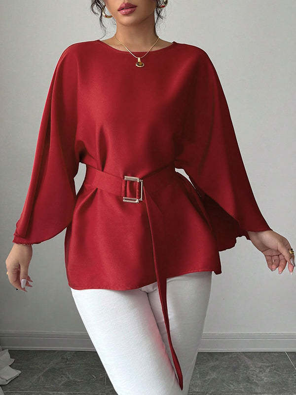 Batwing Sleeves Split-Joint Tied Waist Round-Neck Blouses&Shirts Tops