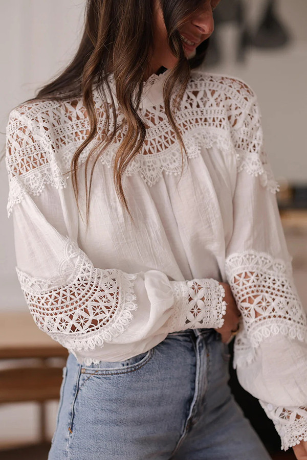 Stylish Hollow-out Patchwork Long-sleeved Elegant Shirt