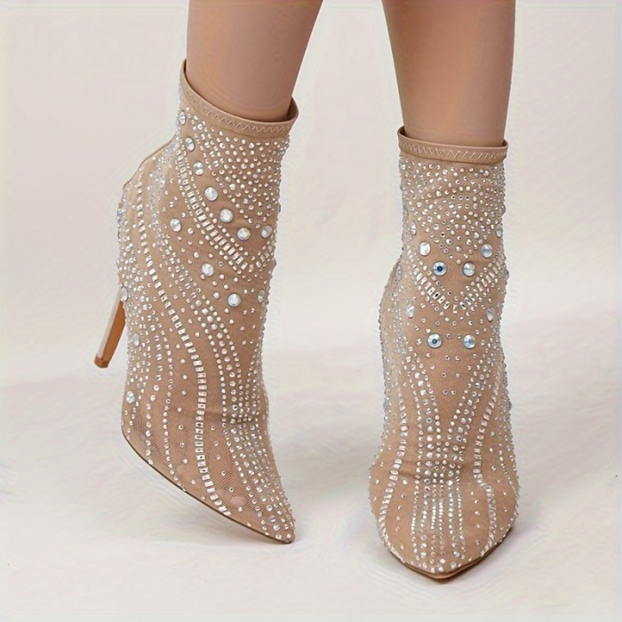 💎Roman-Style Rhinestone Stiletto Ankle Boots | Sexy Ultra-High Heel Mid-Calf Runway Nightclub Shoes
