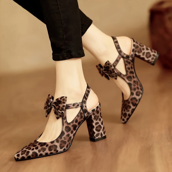 🐆Leopard Buckle Bow Pointed Heels | Back Open Thick Heel Fashion Women’s Shoes