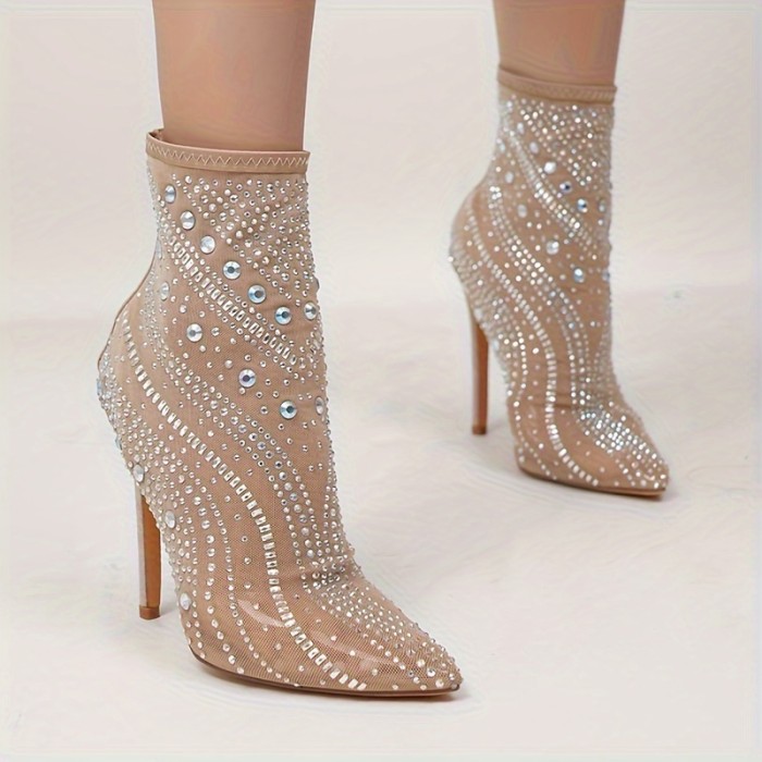 💎Roman-Style Rhinestone Stiletto Ankle Boots | Sexy Ultra-High Heel Mid-Calf Runway Nightclub Shoes