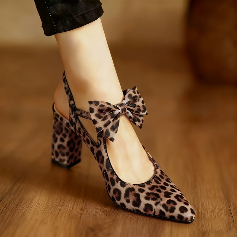 🐆Leopard Buckle Bow Pointed Heels | Back Open Thick Heel Fashion Women’s Shoes