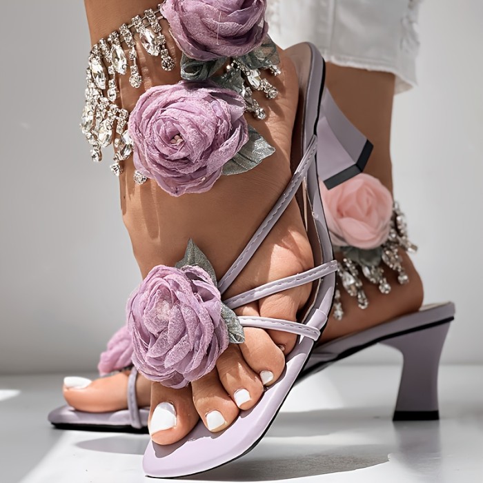 Block Heel Sandals with a Rose Pattern And Square Toe - Anklet Not Included., Women Shoes