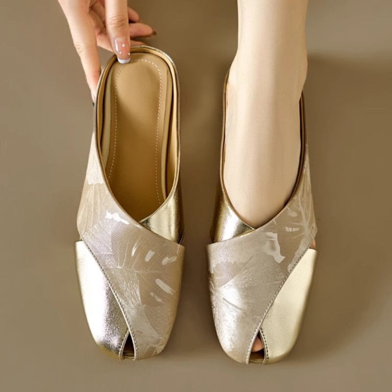 🎋New Chinese Style Color Block Hollow Mules | Closed-Toe Square Toe Summer Flat Slippers
