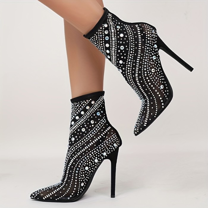 💎Roman-Style Rhinestone Stiletto Ankle Boots | Sexy Ultra-High Heel Mid-Calf Runway Nightclub Shoes
