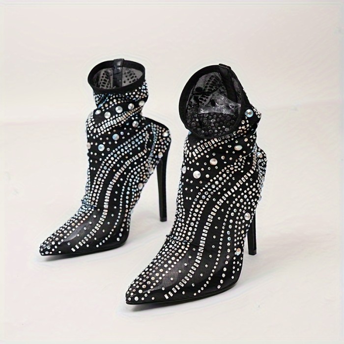💎Roman-Style Rhinestone Stiletto Ankle Boots | Sexy Ultra-High Heel Mid-Calf Runway Nightclub Shoes
