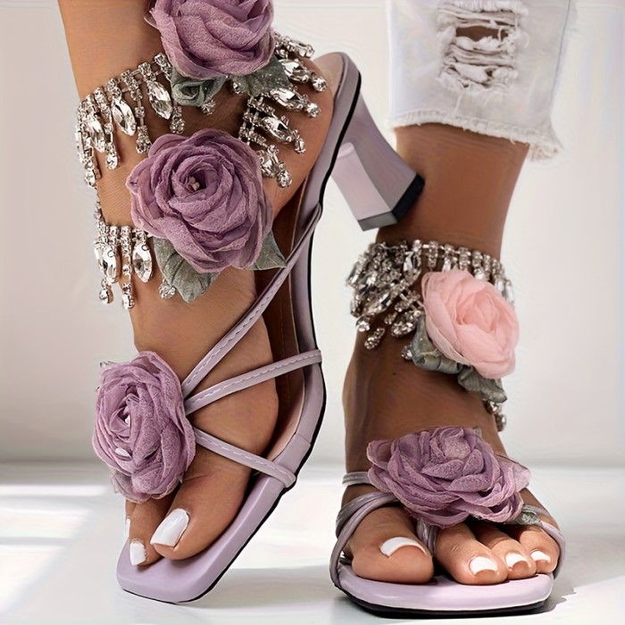 Block Heel Sandals with a Rose Pattern And Square Toe - Anklet Not Included., Women Shoes