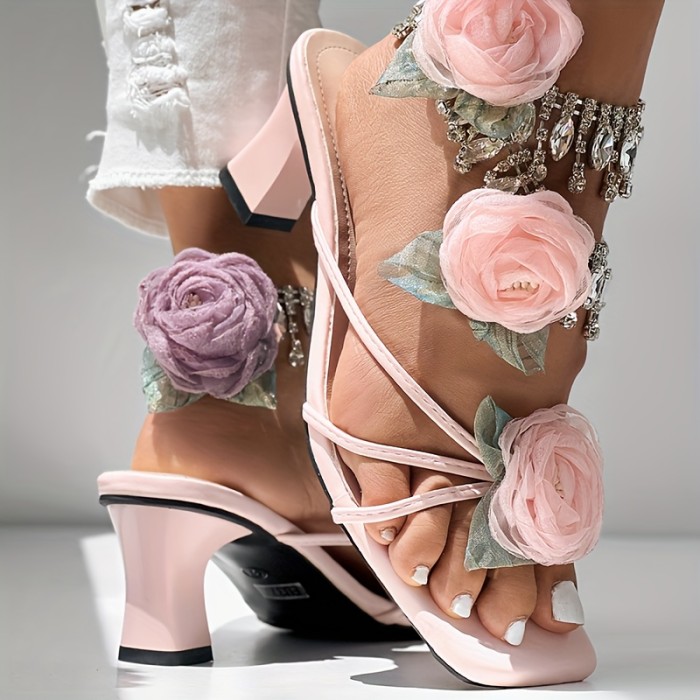 Block Heel Sandals with a Rose Pattern And Square Toe - Anklet Not Included., Women Shoes