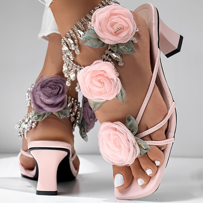 Block Heel Sandals with a Rose Pattern And Square Toe - Anklet Not Included., Women Shoes