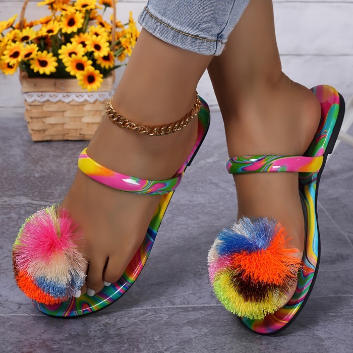 Women's Fashion Flat Slippers with Colorful Large Flower Design, Women Shoes