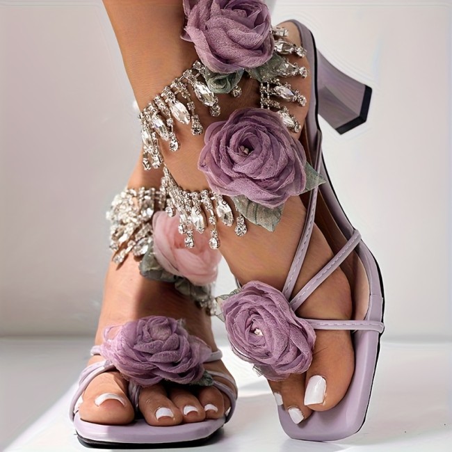 Block Heel Sandals with a Rose Pattern And Square Toe - Anklet Not Included., Women Shoes