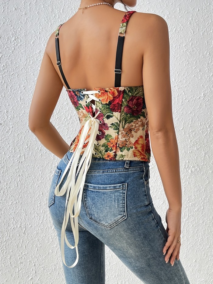 🎨Vintage Oil Painting Fishbone Camisole | Drawstring Fitted Elegant Top