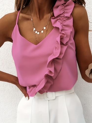 🌸Elegant Ruffle Hem V-Neck Cami | Summer Sleeveless Spaghetti Strap Top