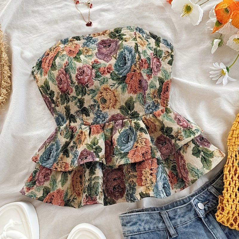 New Vacation Floral Peplum Ruffled Backless Strapless Top