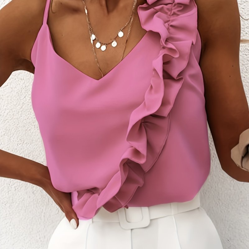 🌸Elegant Ruffle Hem V-Neck Cami | Summer Sleeveless Spaghetti Strap Top