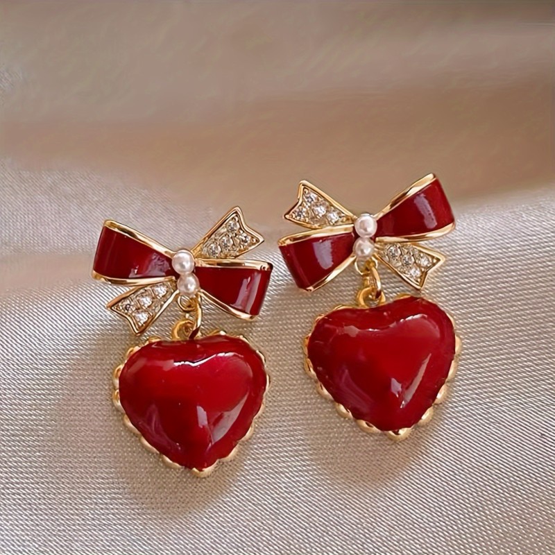 ❤️ French-Style Red Heart Bow Drop Earrings | Light Luxury Elegant Women’s Jewelry