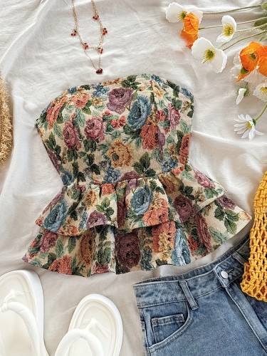 New Vacation Floral Peplum Ruffled Backless Strapless Top