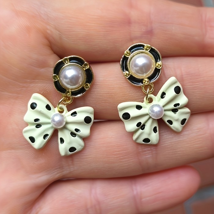 🎀Black & White Polka Dot Bow Pearl Earrings | Gold-Tone Daily Wedding Jewelry