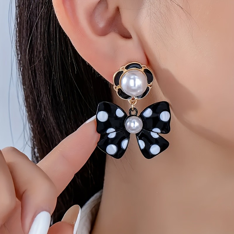 🎀Black & White Polka Dot Bow Pearl Earrings | Gold-Tone Daily Wedding Jewelry