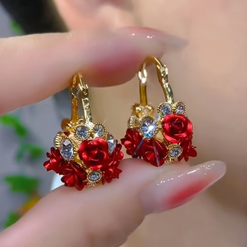 🌹 Synthetic Zirconia Rose Earrings | Elegant Couple Wedding Party Jewelry