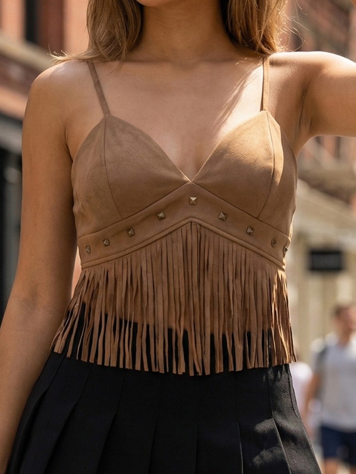 Women's Camisole Tops Stylish Solid Color Tassel Trimmed Sleeveless V Neck Spaghetti Strap Crop Vest