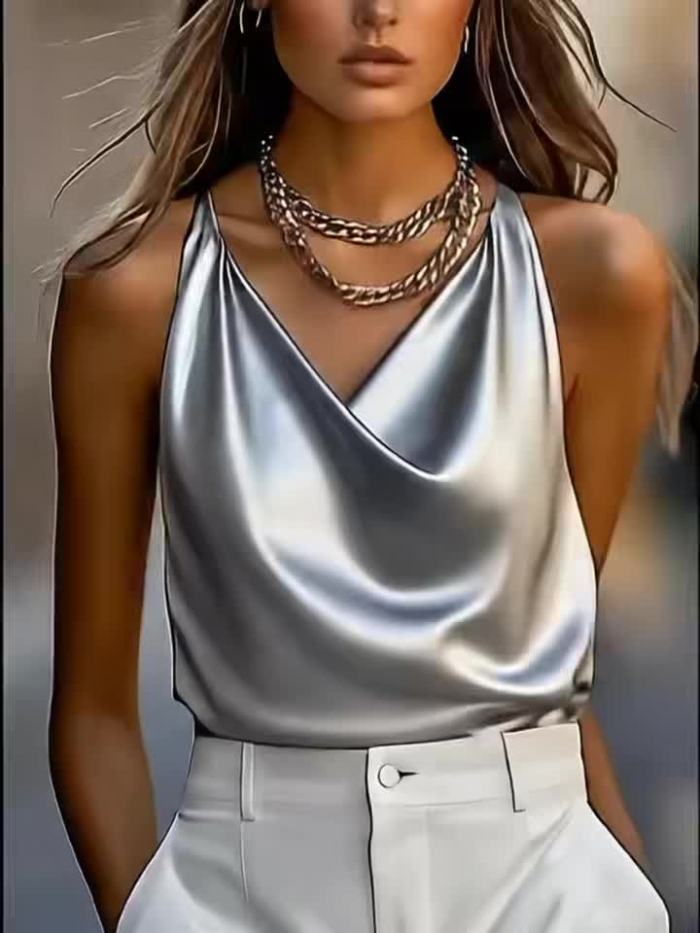 Satin Lingerie Satin Lingerie Camisole | Solid Color Draped Collar Top YT