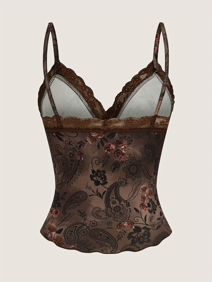 Women's Paisley Pattern and Tassel Detail Lace Trim Camisole
