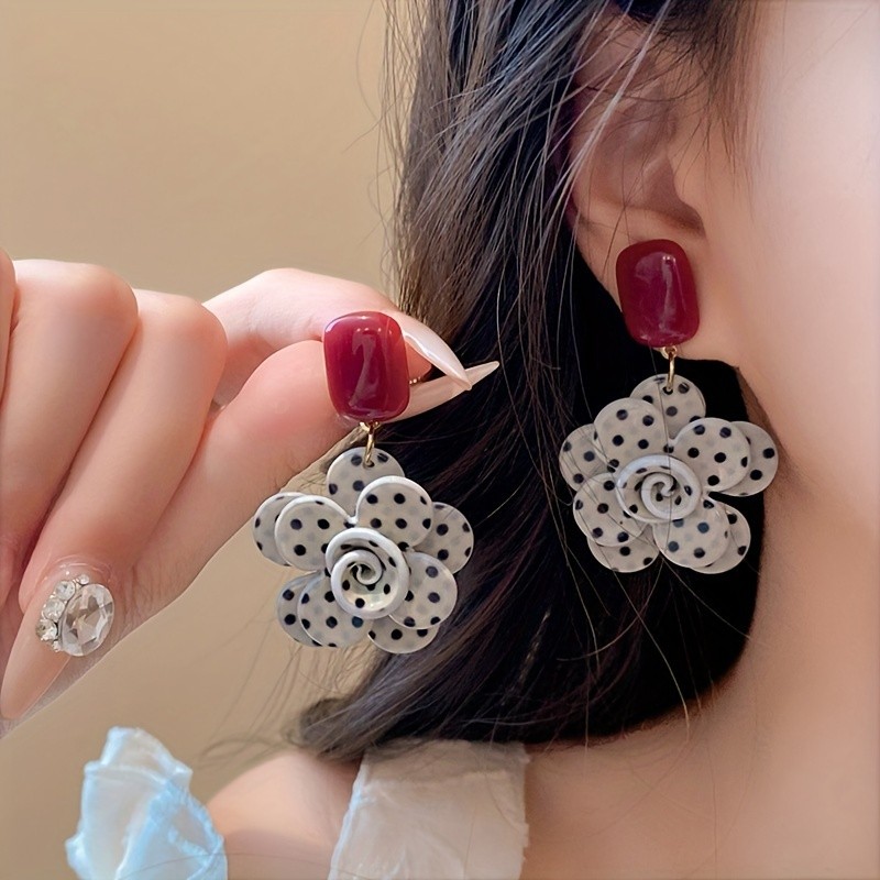 🌸Vintage Polka Dot Flower Drop Earrings | Acrylic Stainless Steel Daily Party Jewelry
