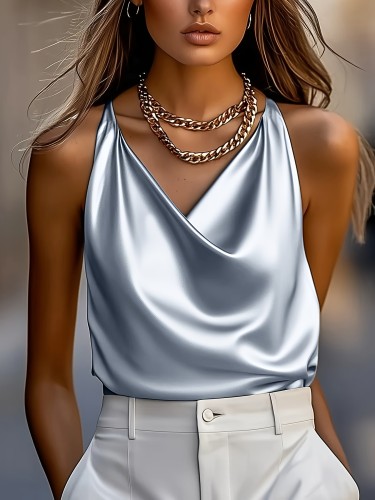 Satin Lingerie Satin Lingerie Camisole | Solid Color Draped Collar Top YT