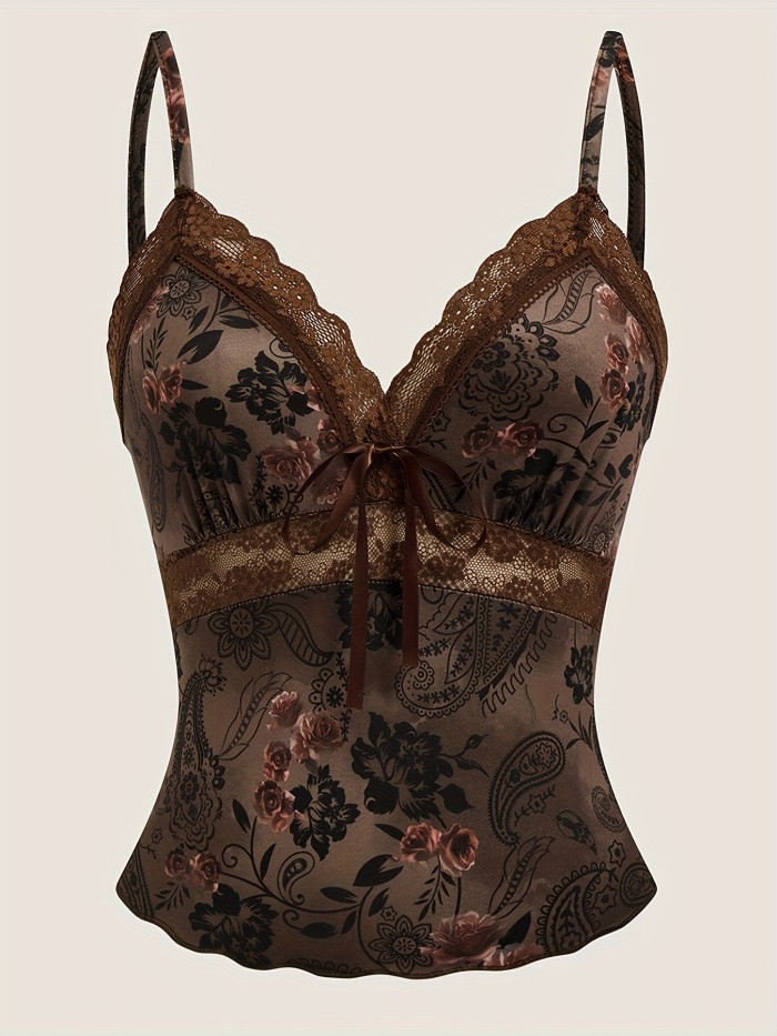 Women's Paisley Pattern and Tassel Detail Lace Trim Camisole