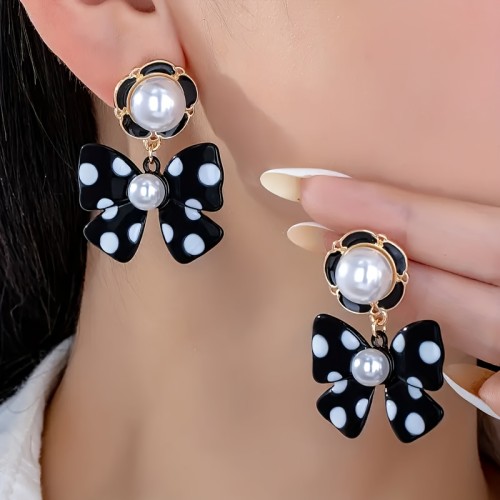 🎀Black & White Polka Dot Bow Pearl Earrings | Gold-Tone Daily Wedding Jewelry