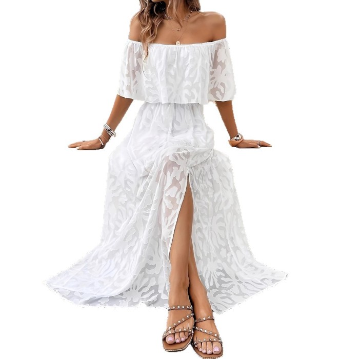 🤍 White Off-Shoulder Lace Ruffle Bohemian Beach Dress
