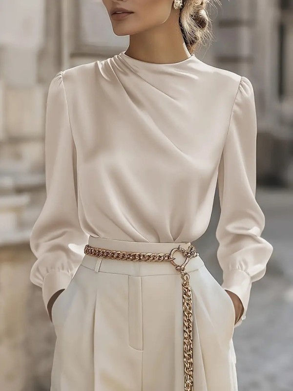 ✨ Elegant White High Collar Blouse | Office Commute Long Sleeve Top