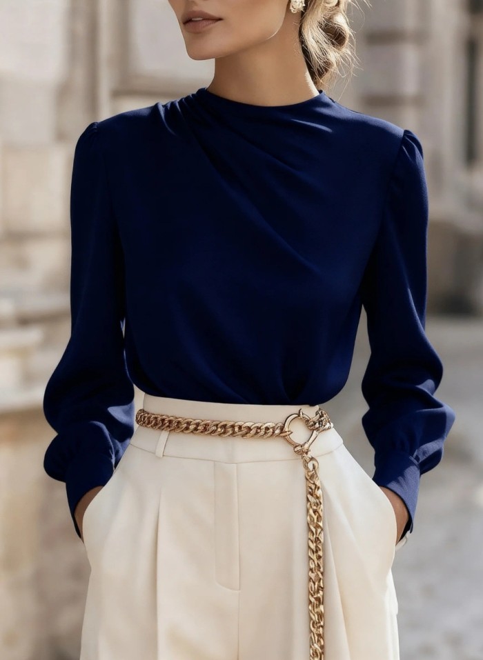 ✨ Elegant White High Collar Blouse | Office Commute Long Sleeve Top