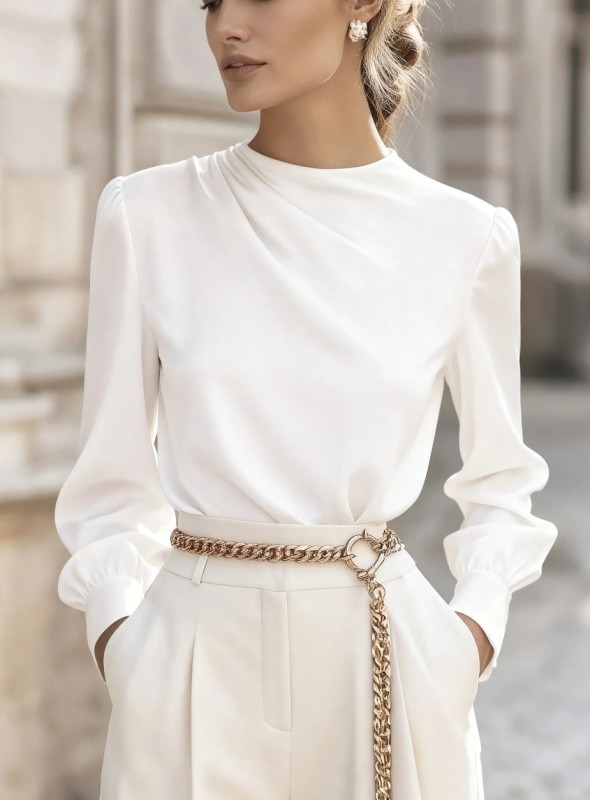 ✨ Elegant White High Collar Blouse | Office Commute Long Sleeve Top