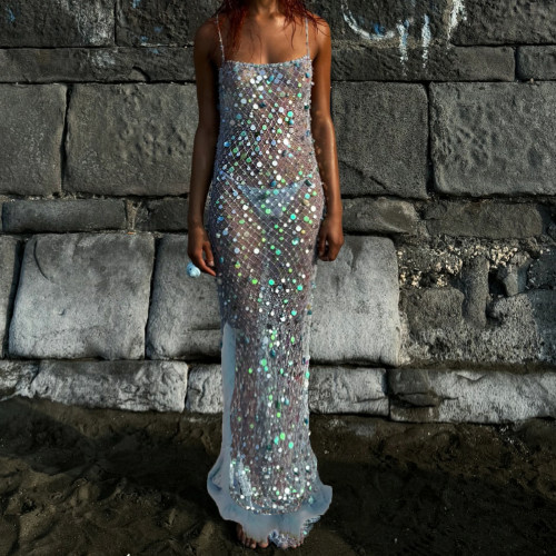 ✨ Y2K Coquette Sequin Feather Backless Slit Party Dress
