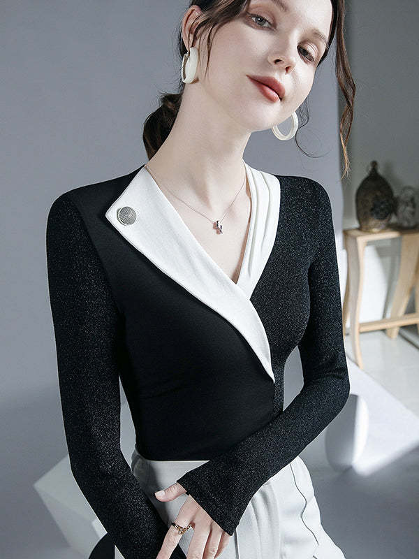 Long Sleeves Skinny Asymmetric Contrast Color Split-Joint V-Neck Blouses&Shirts Tops