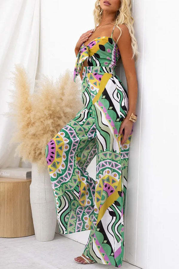 Sun Dazed Creative Print Bust Tie-up Pocketed Wide Leg Jumpsuit