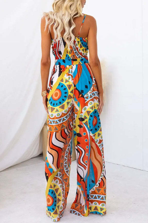 Sun Dazed Creative Print Bust Tie-up Pocketed Wide Leg Jumpsuit